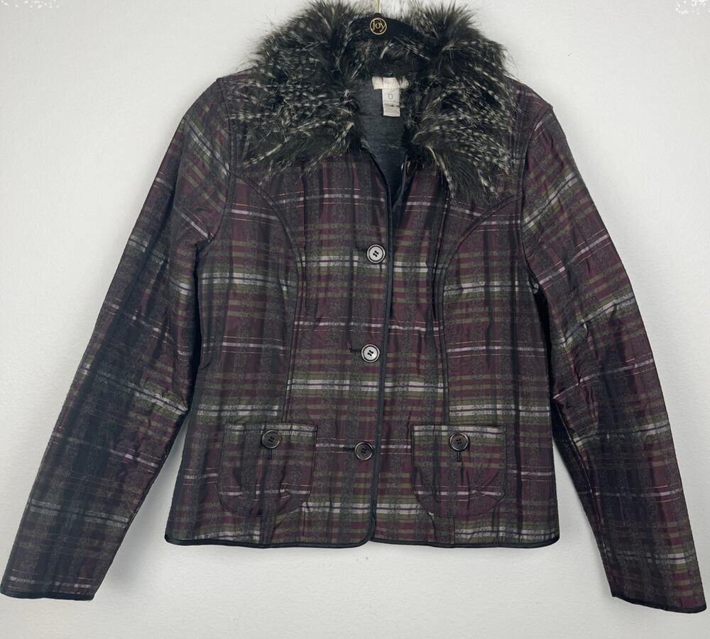 Chico's Women's Preppy Plaid Rhonda Jacket Removable Faux Fur Collar Sz 0
